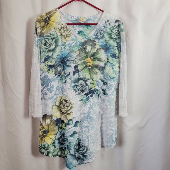 Jess & Jane USA Top Tunic ruffled layers Large floral 3/4 sleeves crescent hem - Picture 1 of 8